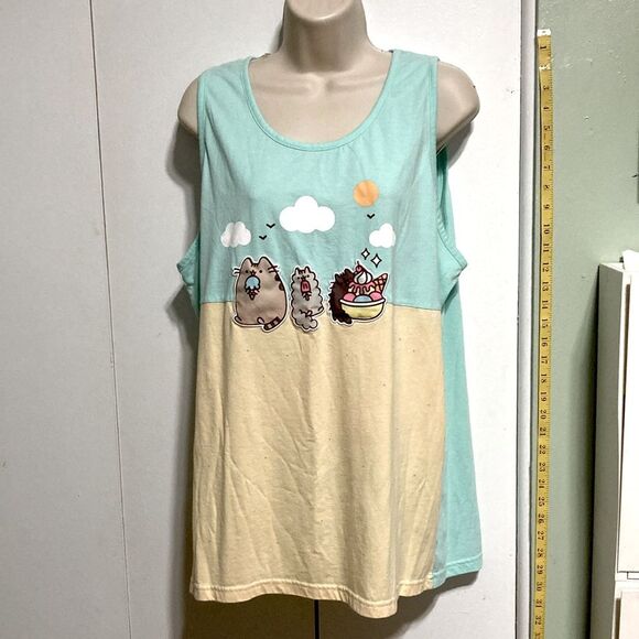 PUSHEEN Tank Top Sleeveless Teal Yellow Cat Applique Beach Print  Womens XL - Picture 2 of 13